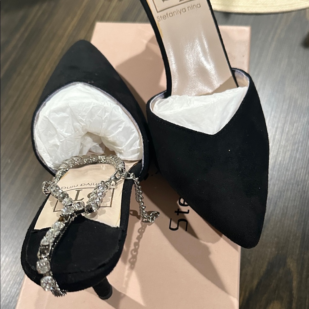 Stefania Nina Black Pointed Toe Crystal-Embellished Mules